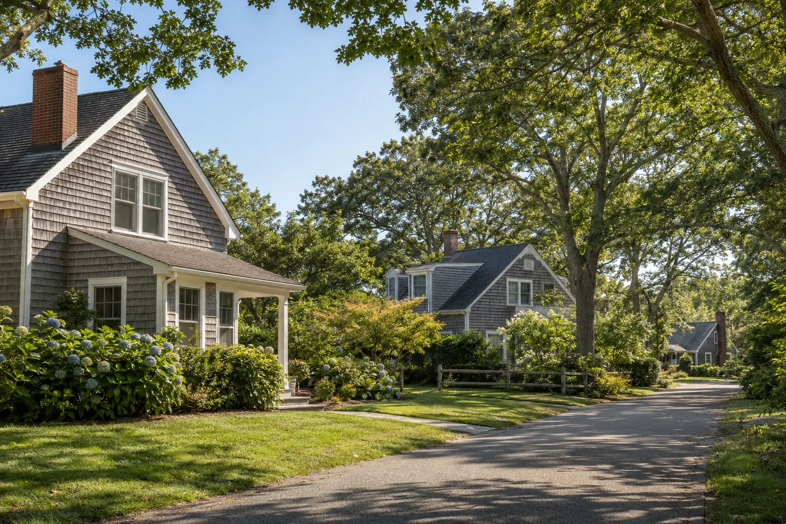 Quiet East End residential lane with cedar-shingle homes and mature trees