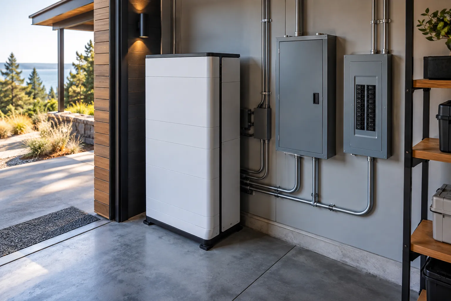 battery storage cabinet beside essential-load electrical panel in safe enclosure