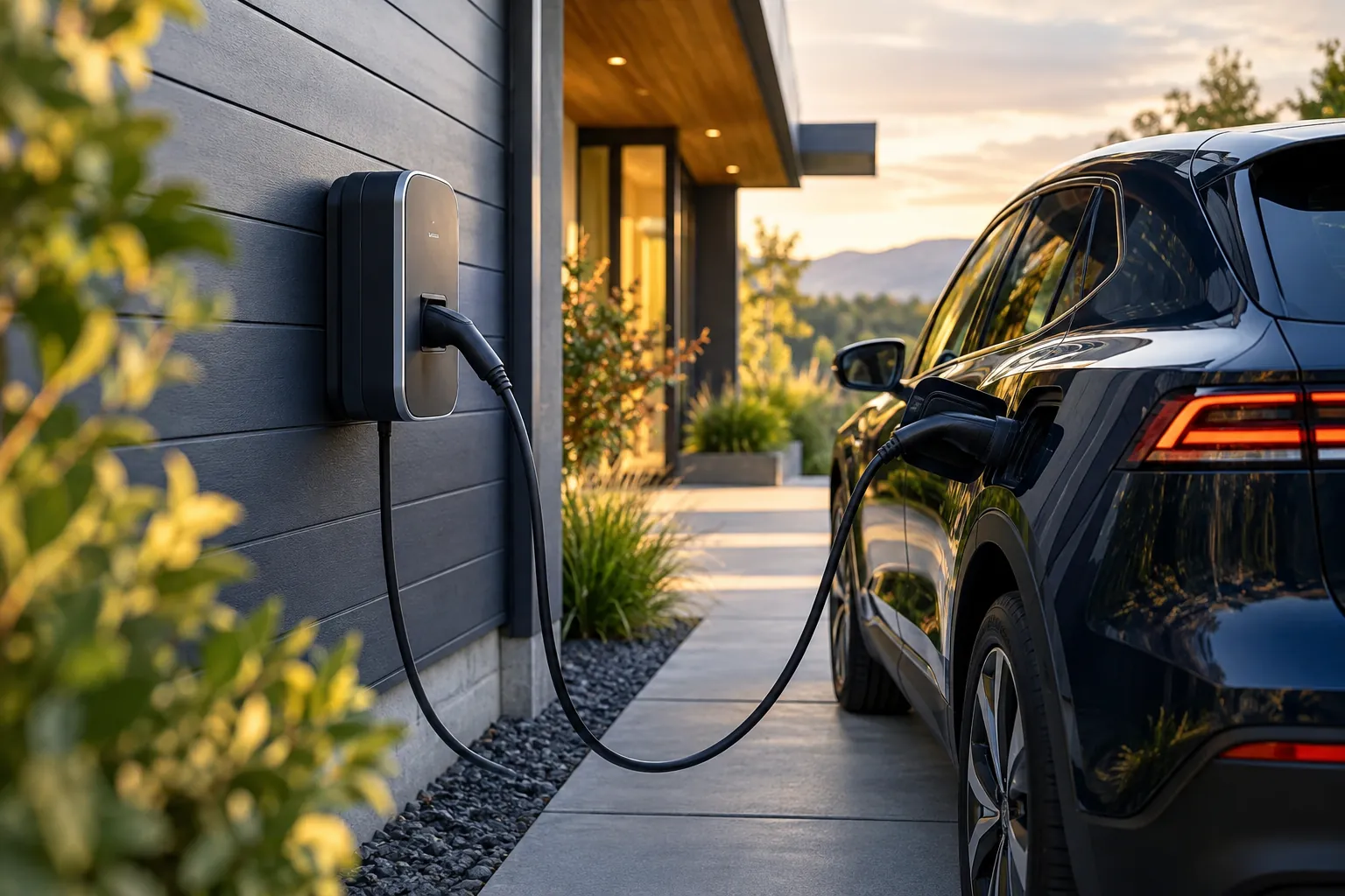 unbranded wall-mounted EV charging unit beside parked electric car in driveway
