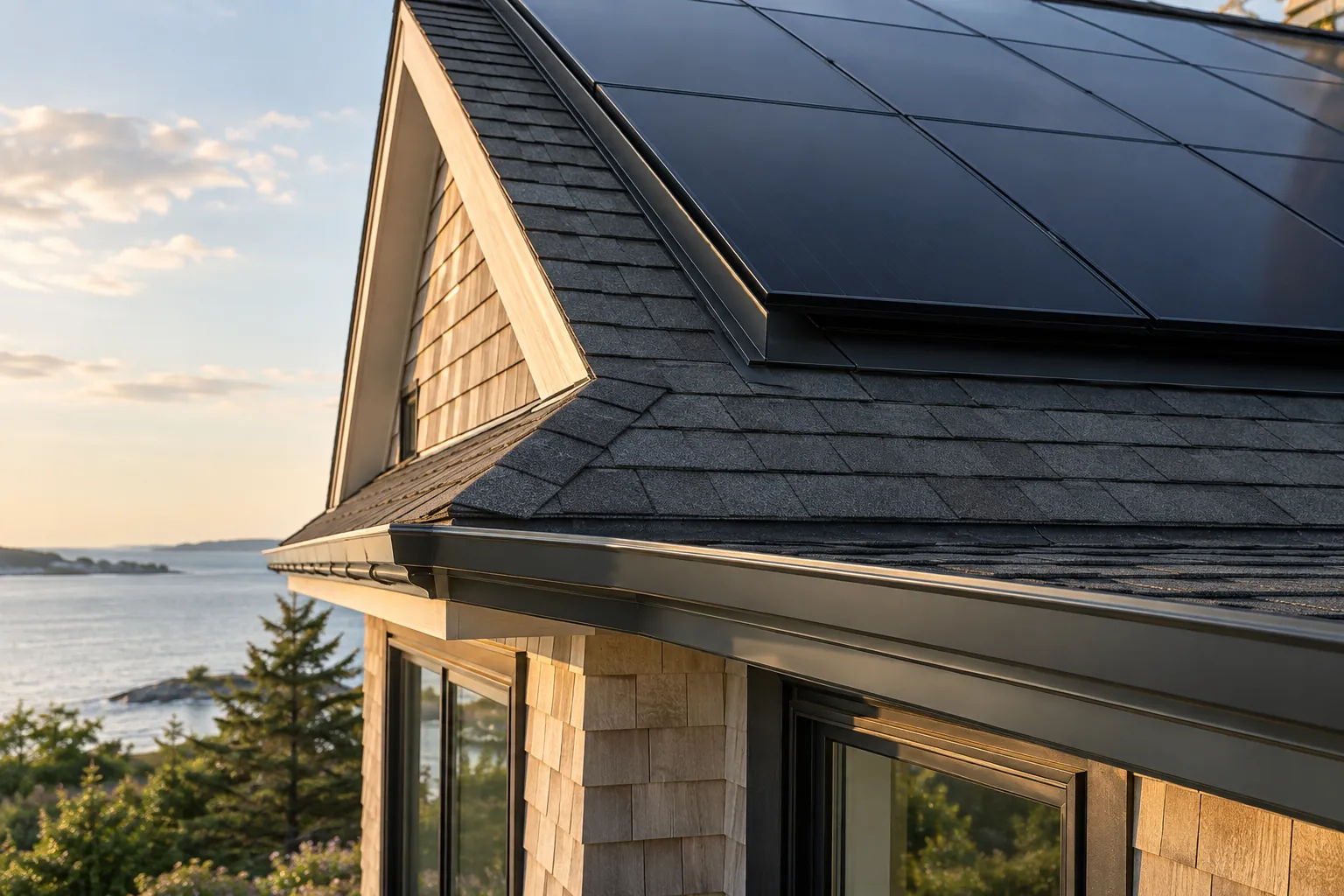 close-up of solar panels, roof flashing and shingle roofing