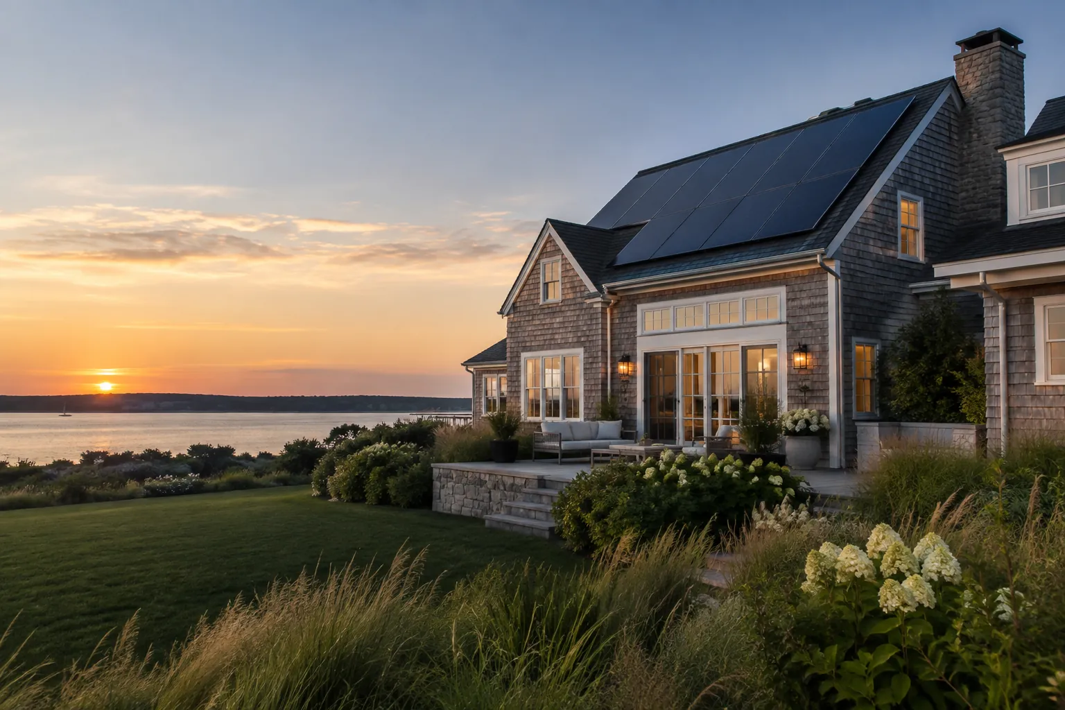 premium coastal shingle home with broad black rooftop solar array, home at right, dark calm landscape at left for white headline