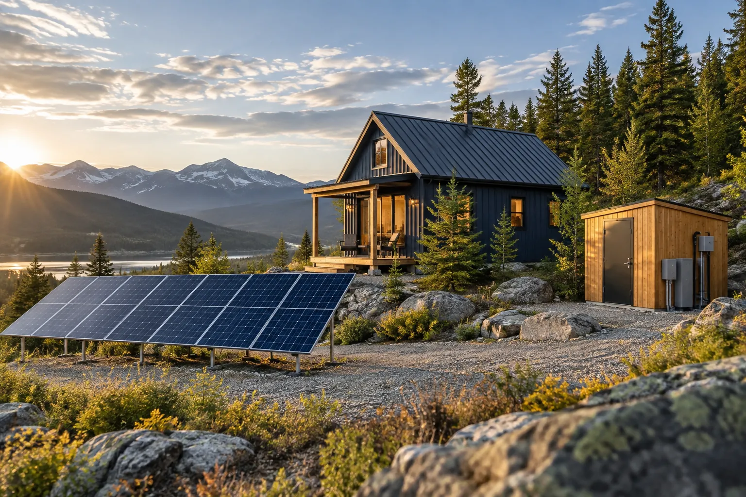 small off-grid cabin with ground array and protected storage utility shed