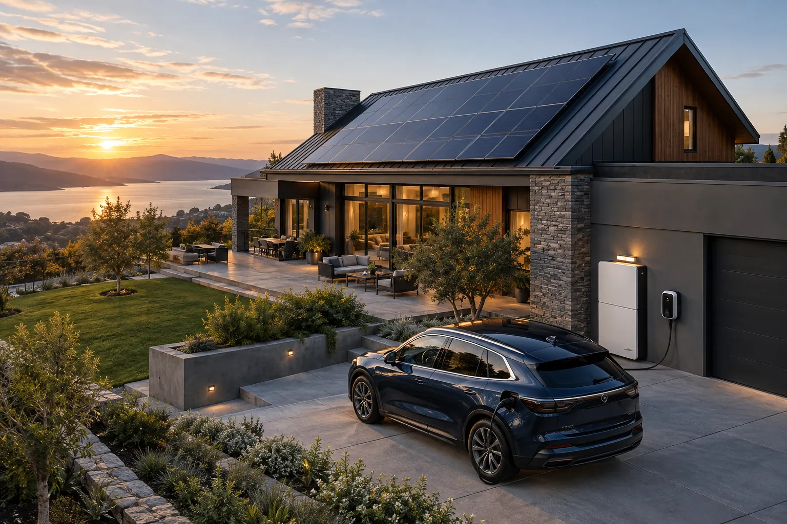 complete contemporary solar home, EV charging and battery seen in unified architectural scene