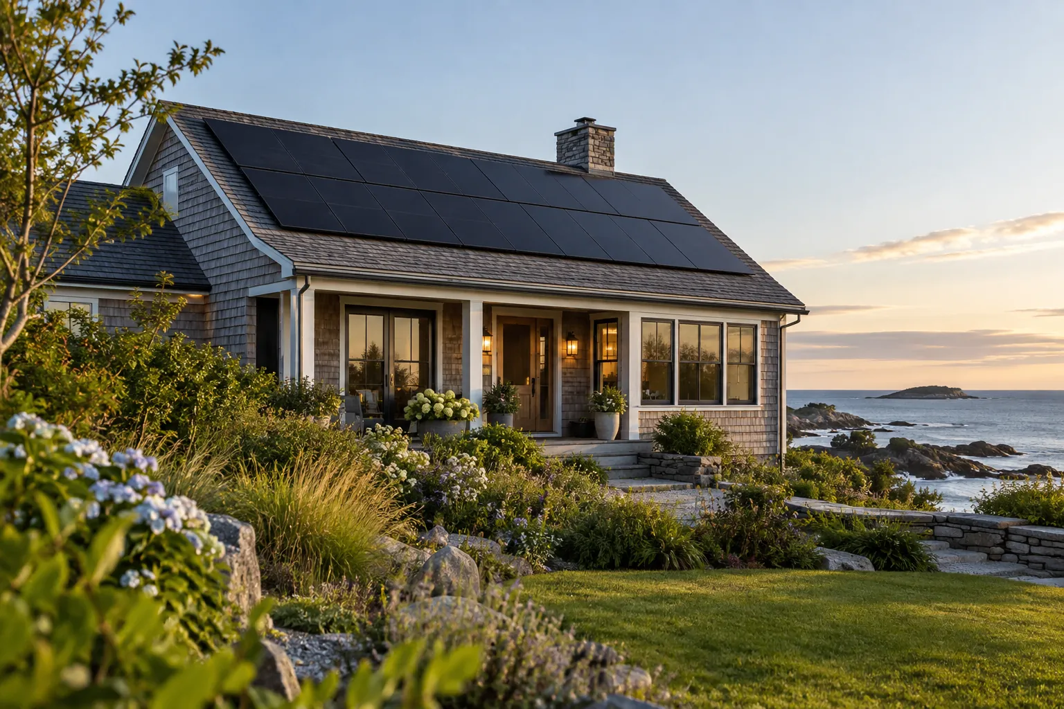 complete elegant residential black solar array on a coastal cottage, garden foreground