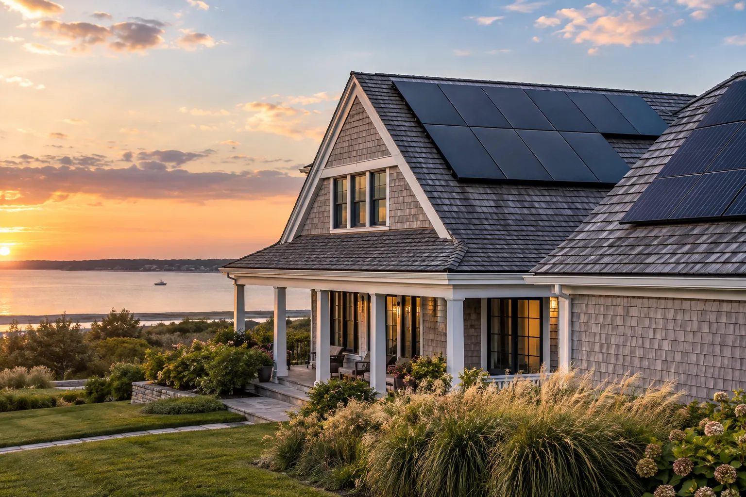 wide detail of premium shingle roofing with roof-mounted solar