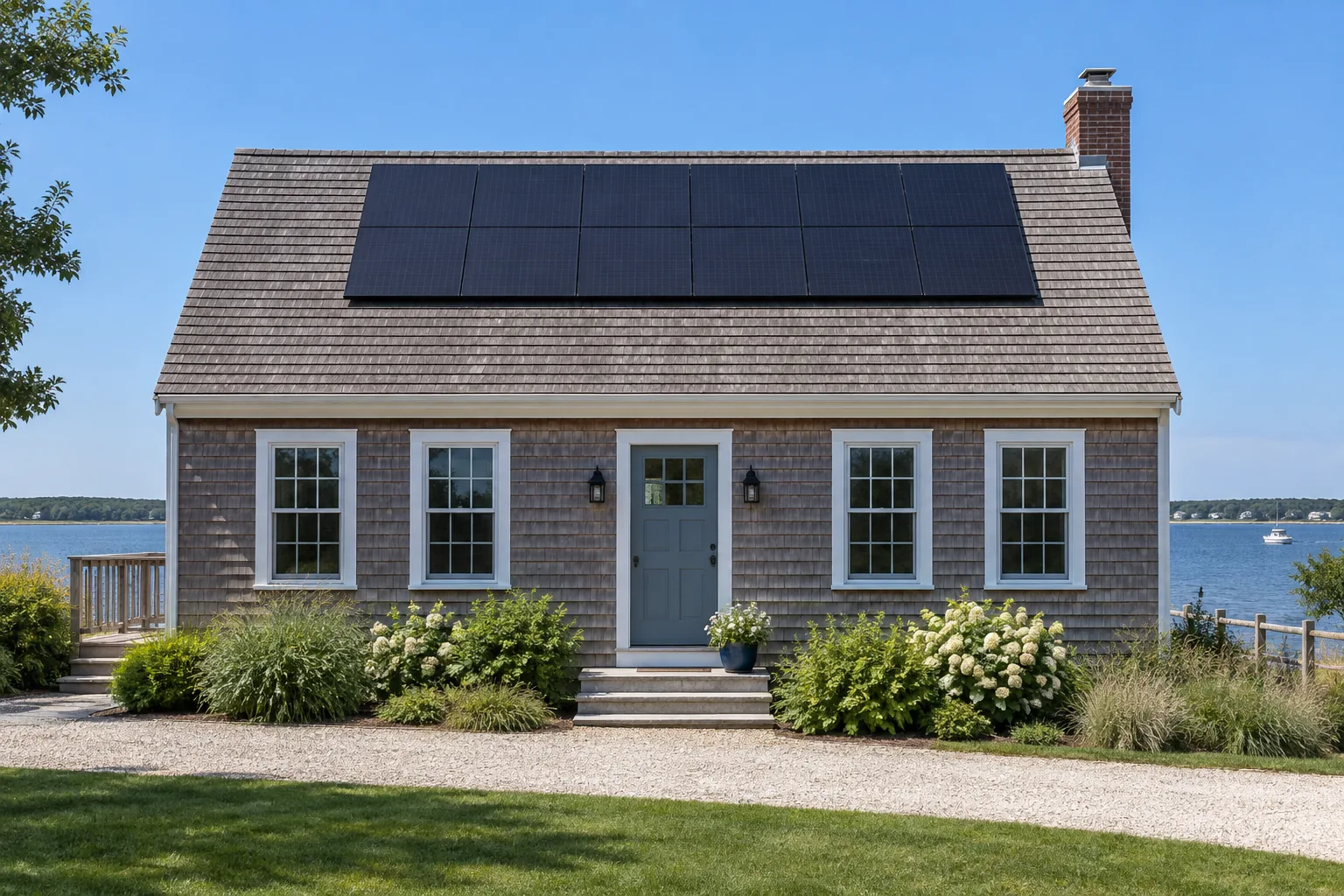 Neatly aligned solar panel rows on the main roof of a cedar-shingle home