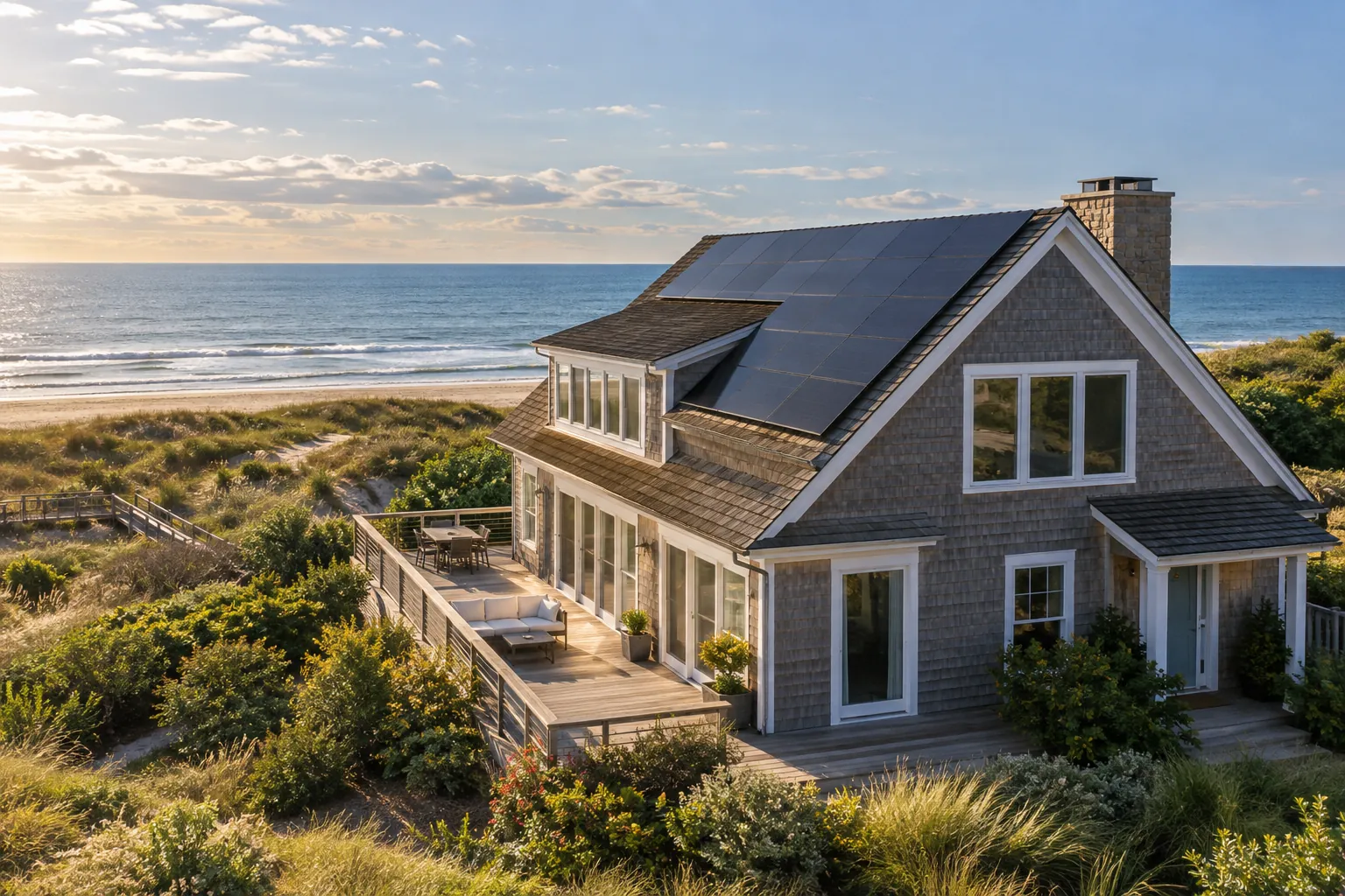 dune-edge beach cottage with credible rooftop solar panels