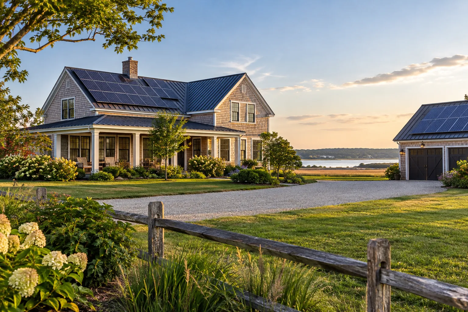 North Fork farmhouse and outbuilding with credible rooftop solar panels