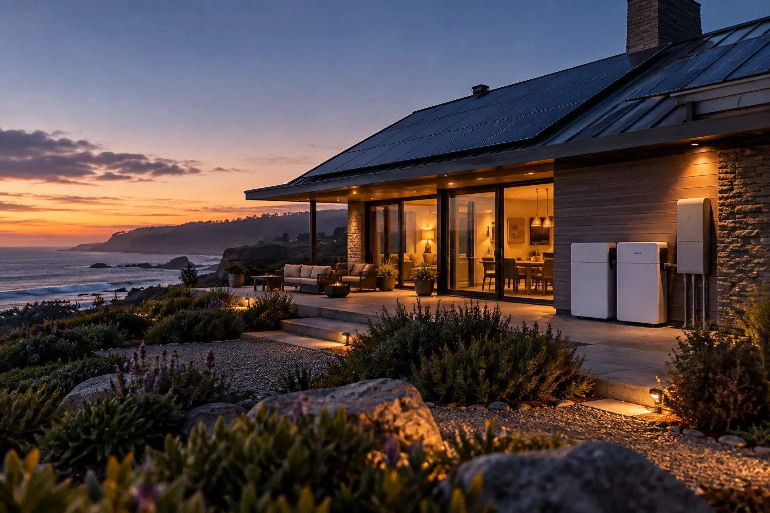 coastal solar home at dusk with warm essential interior lighting