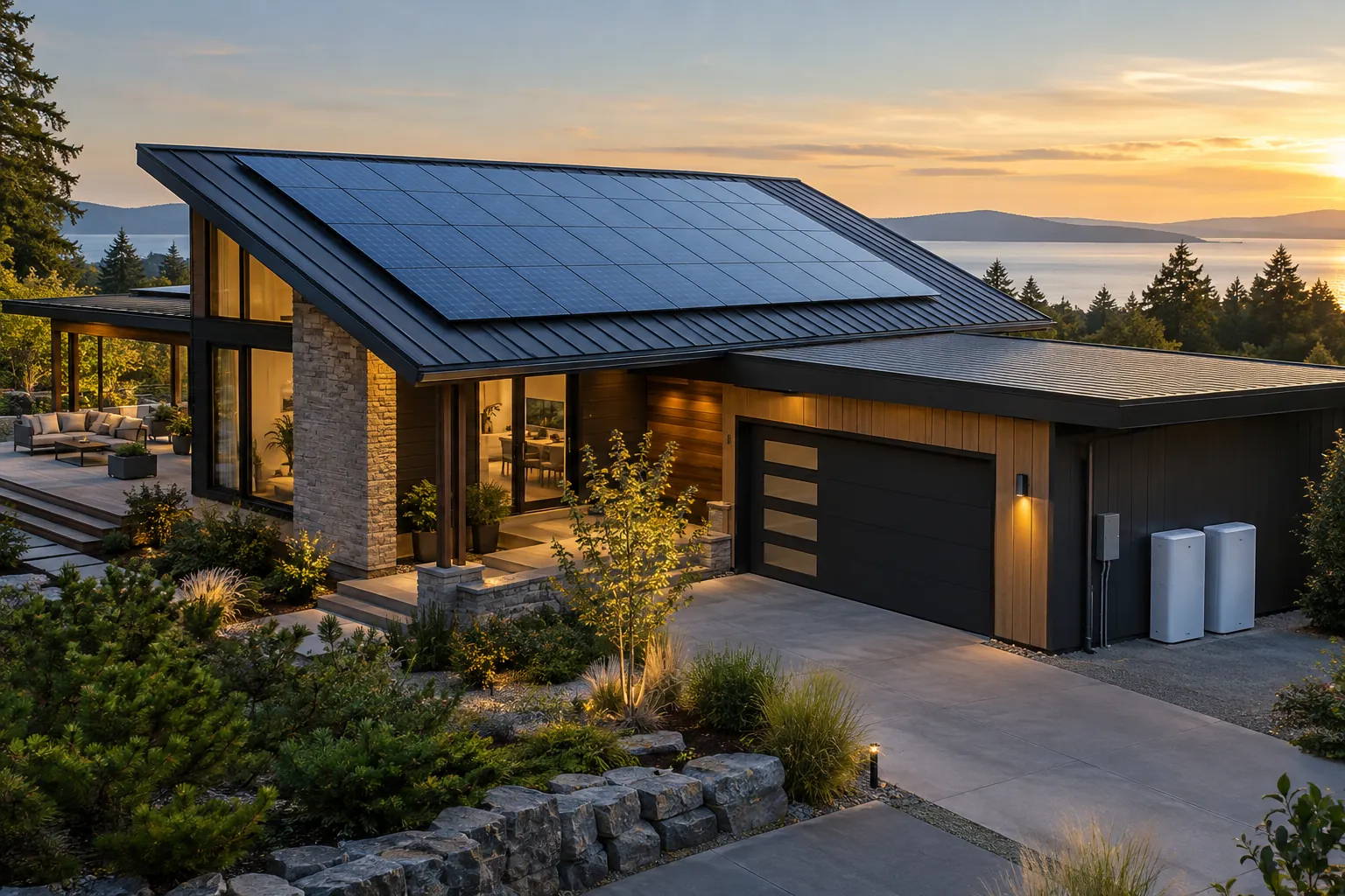 wide house view showing rooftop solar and exterior battery storage