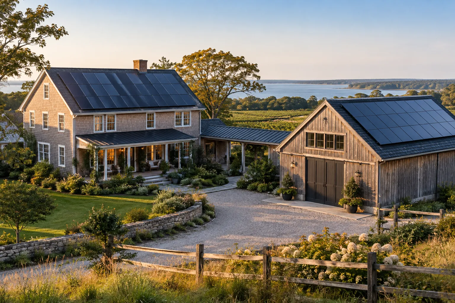 country house and renovated barn with credible rooftop solar panels