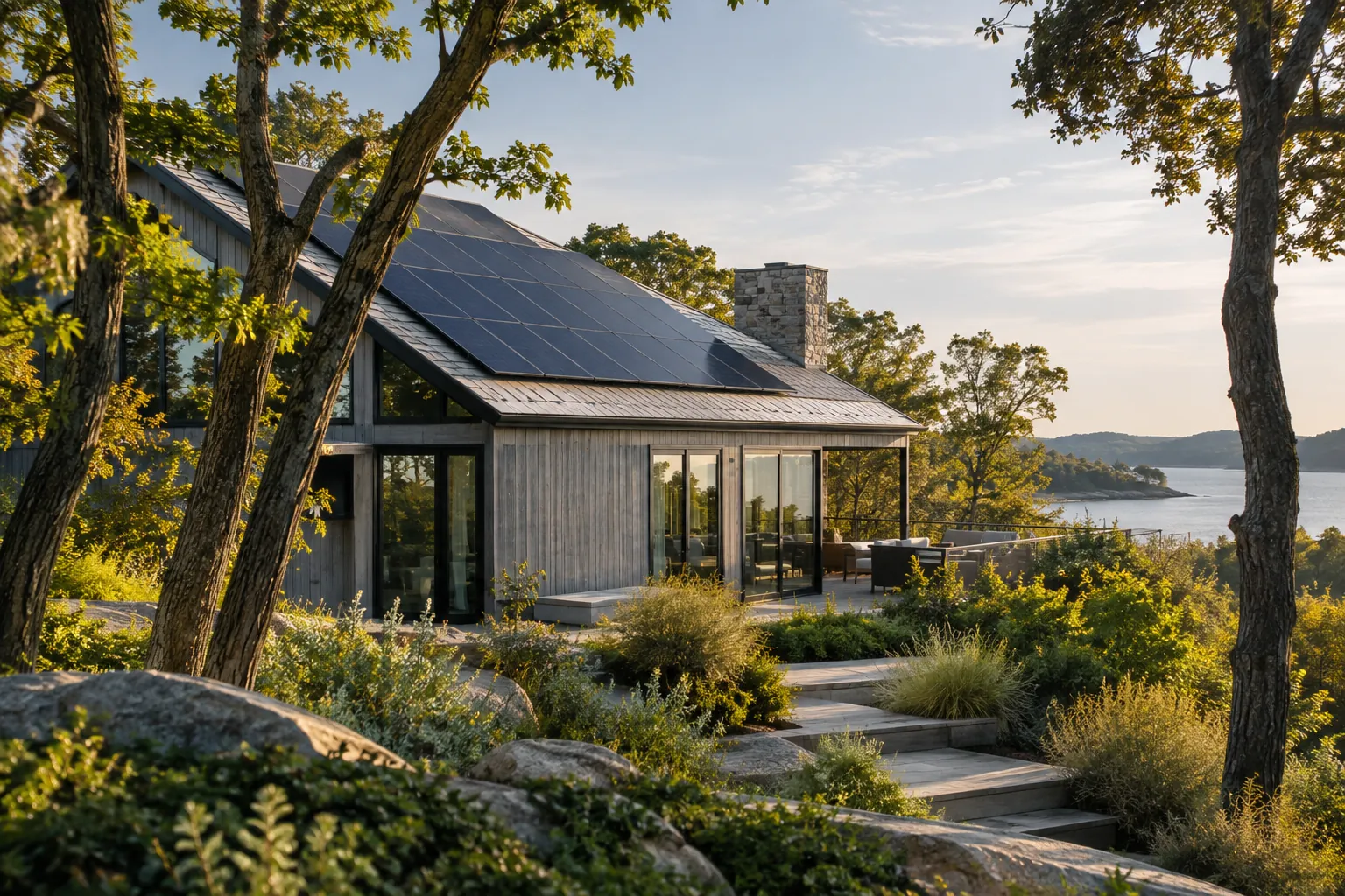 wooded contemporary coastal house with credible rooftop solar panels