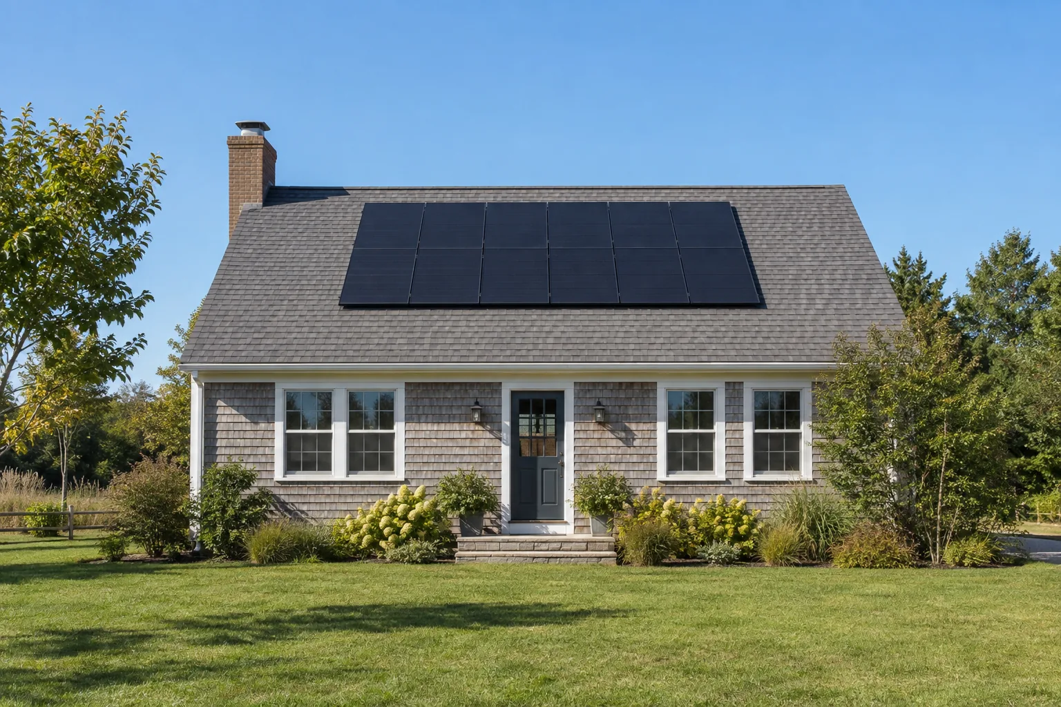 Flush-mounted solar panels aligned with a gray cedar cottage roof