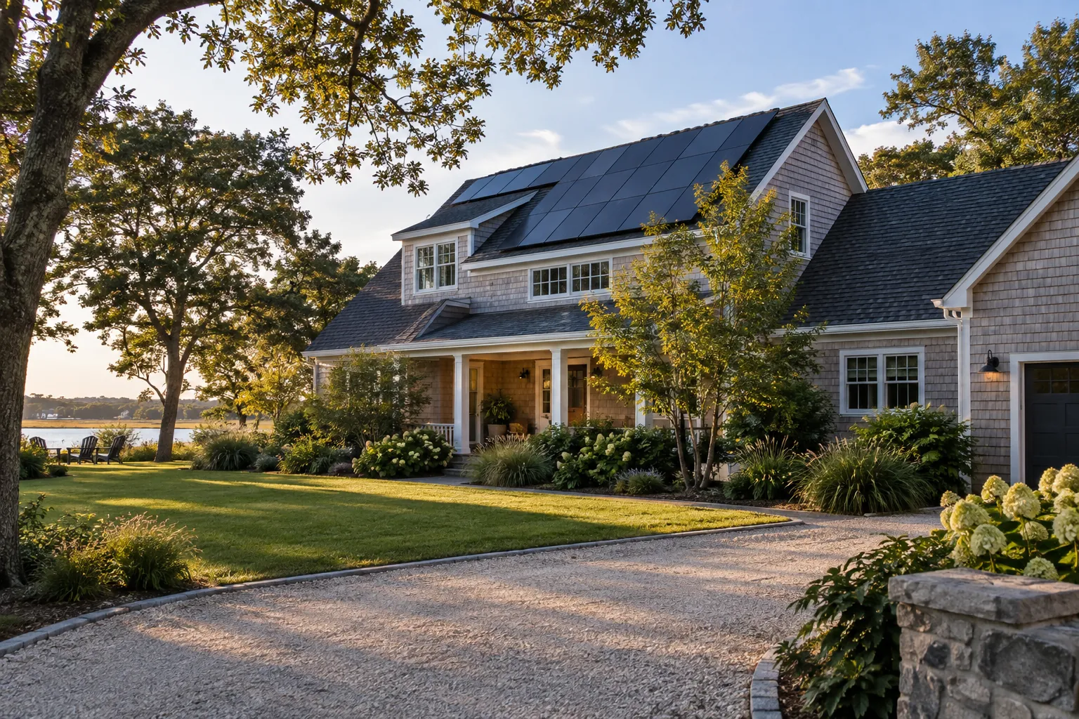 quiet suburban home with mature trees with credible rooftop solar panels