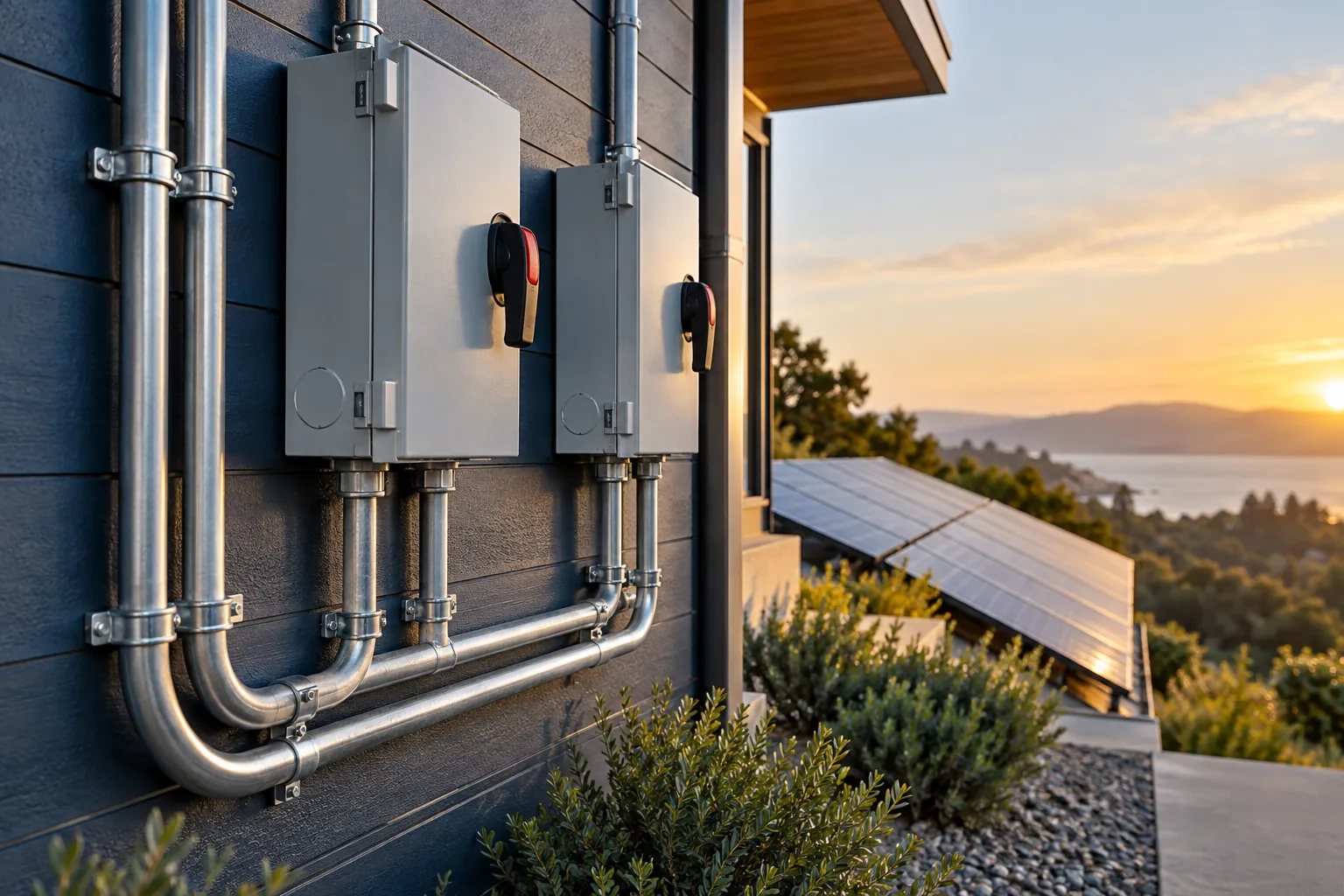 closed solar electrical disconnects and neatly routed exterior conduits