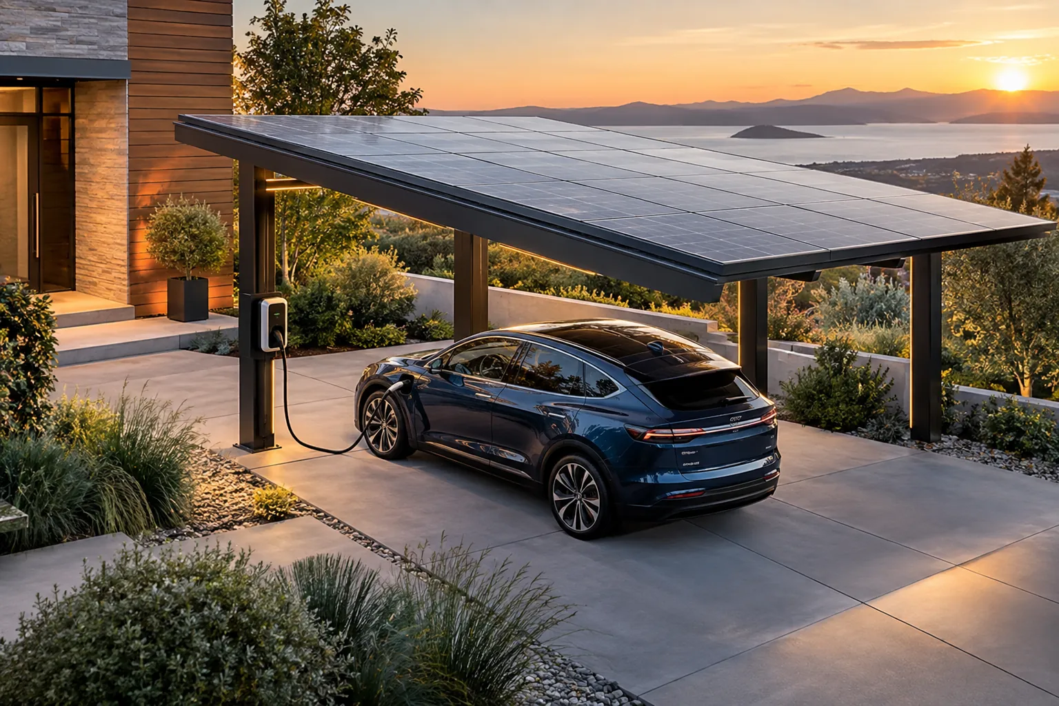 electric car charging beneath a residential solar canopy