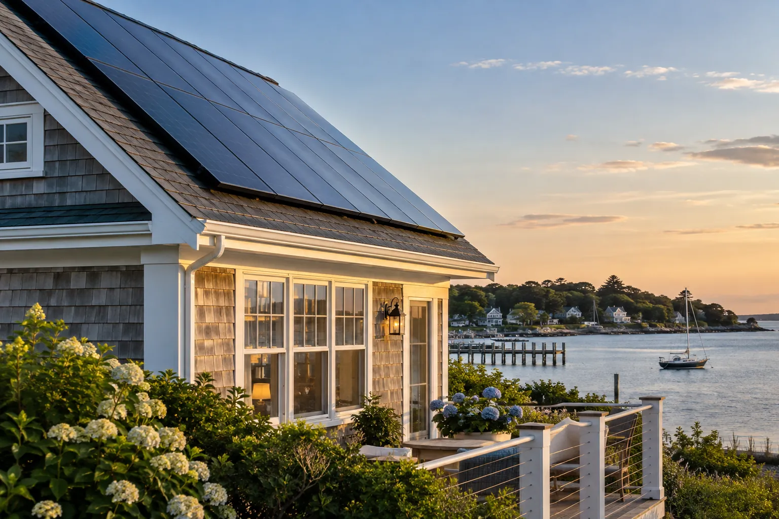 compact coastal village house with credible rooftop solar panels