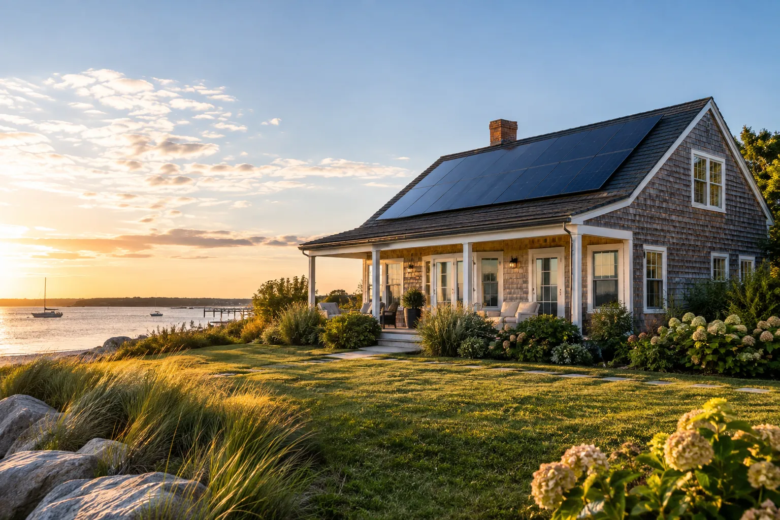 bayside cedar cottage with credible rooftop solar panels