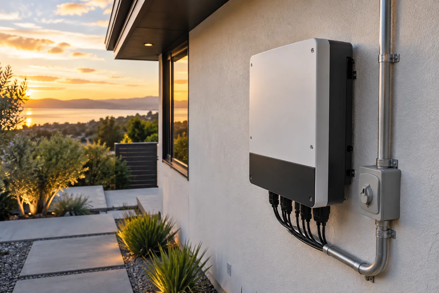 modern unbranded string inverter on weather-protected exterior wall