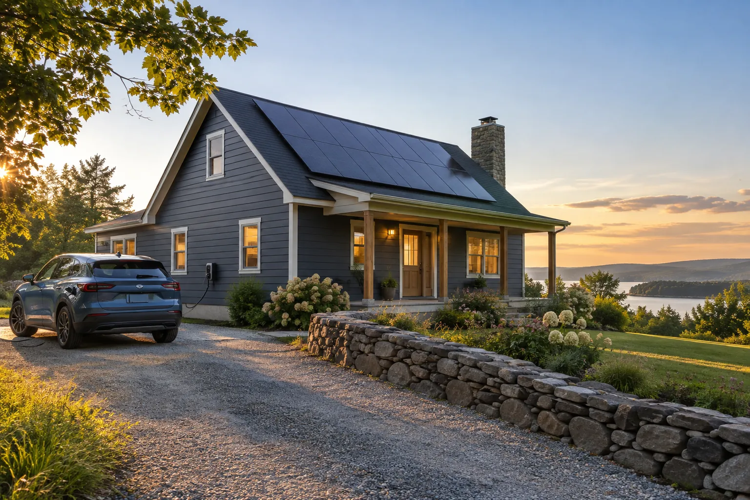 modest country home and EV in driveway with credible rooftop solar panels