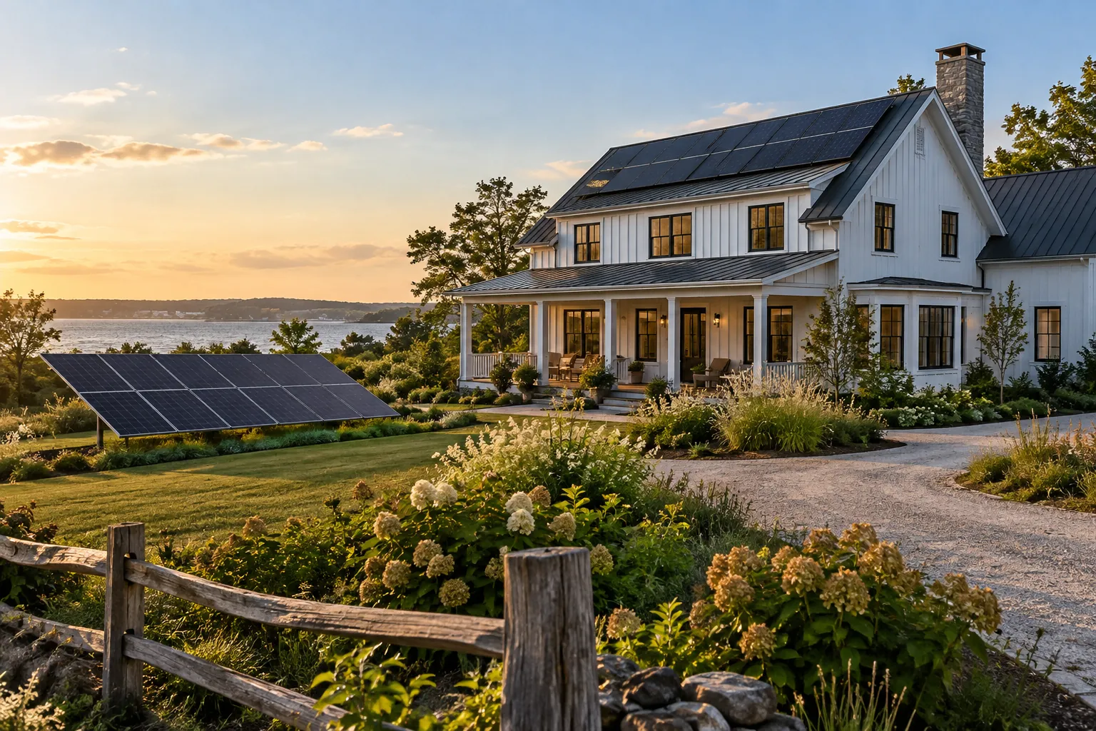 farmhouse with separate small ground array with credible rooftop solar panels