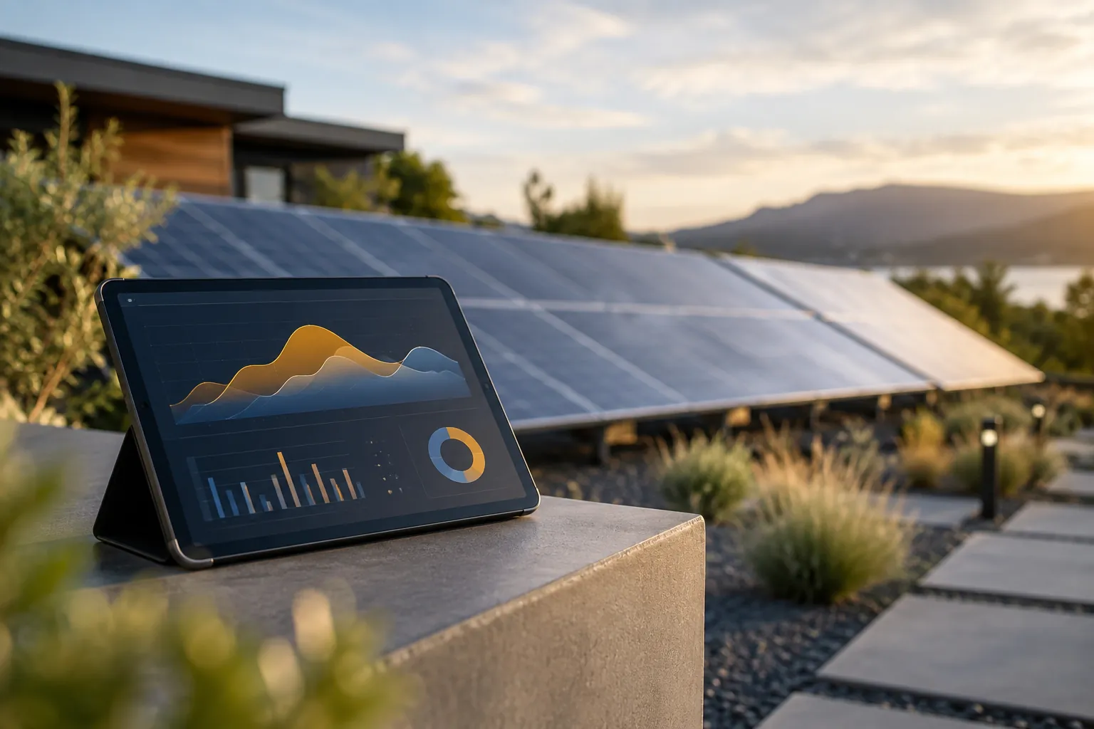unbranded tablet with abstract chart display in front of out-of-focus solar array, no words