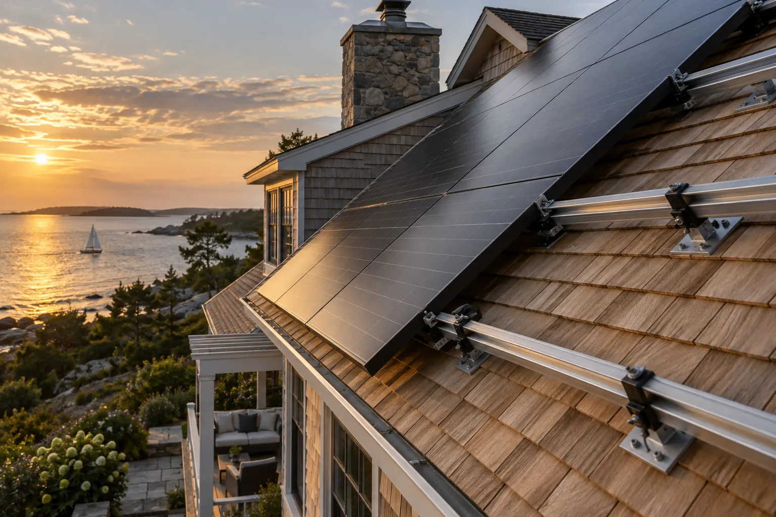 rooftop panel mounting detail on cedar shingle home