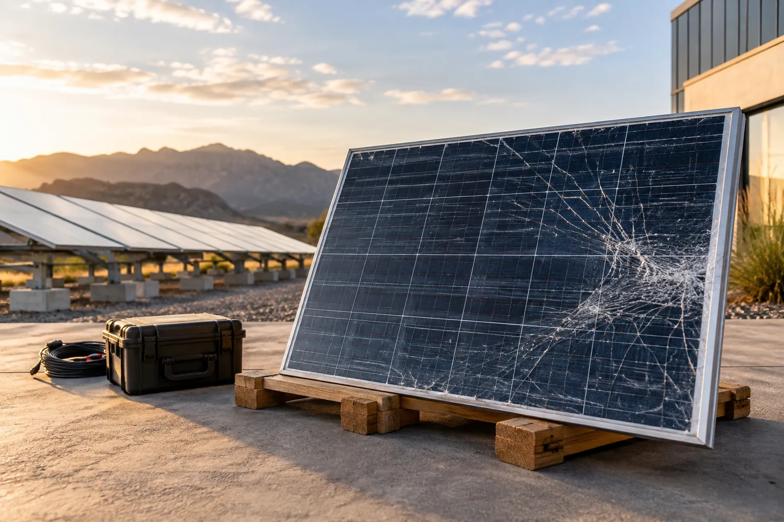 isolated visibly cracked solar module safely staged for professional assessment, no people