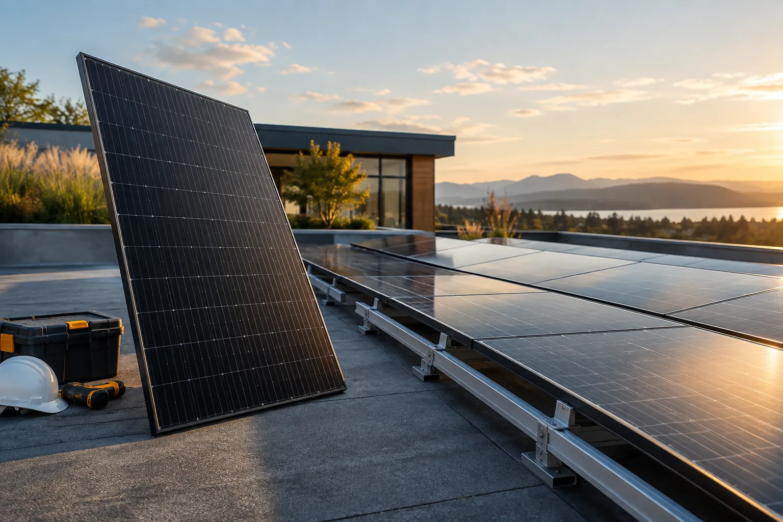 single new black solar module beside an accessible row of installed panels