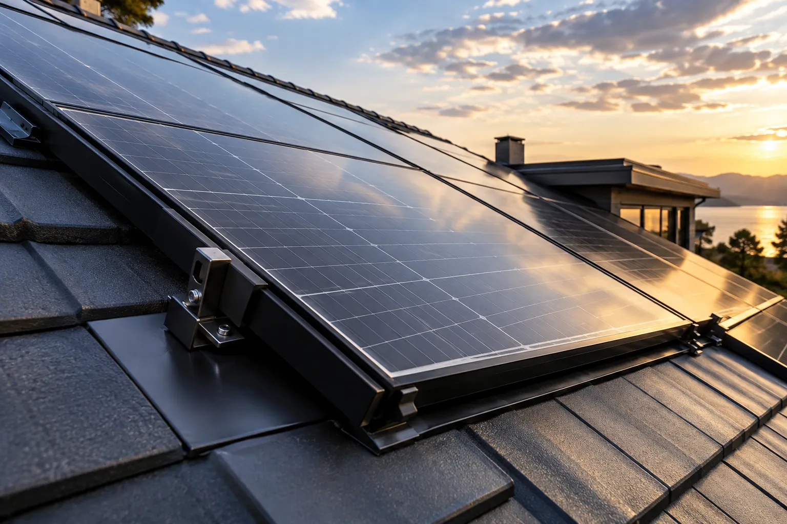 architectural close view of flashing and mounted black rooftop solar modules