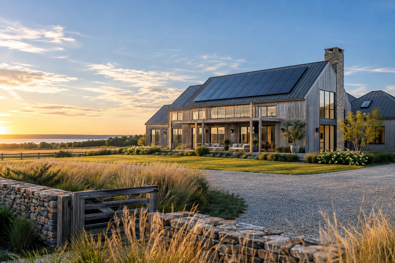 open-land modern farm house with credible rooftop solar panels