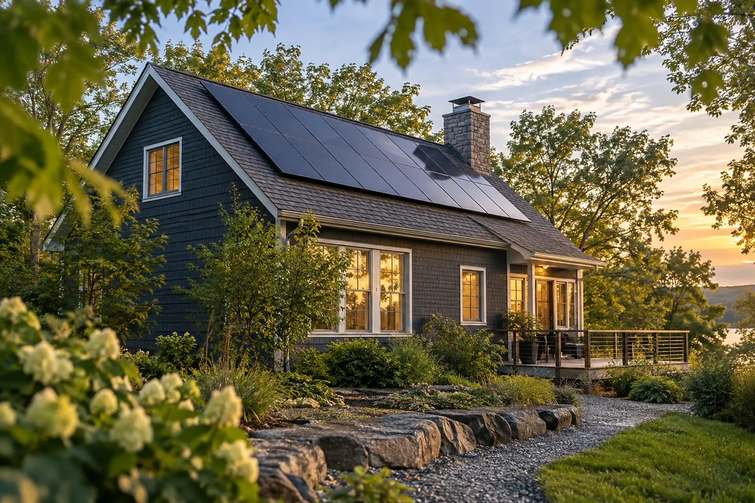 modest home set among leafy trees with credible rooftop solar panels