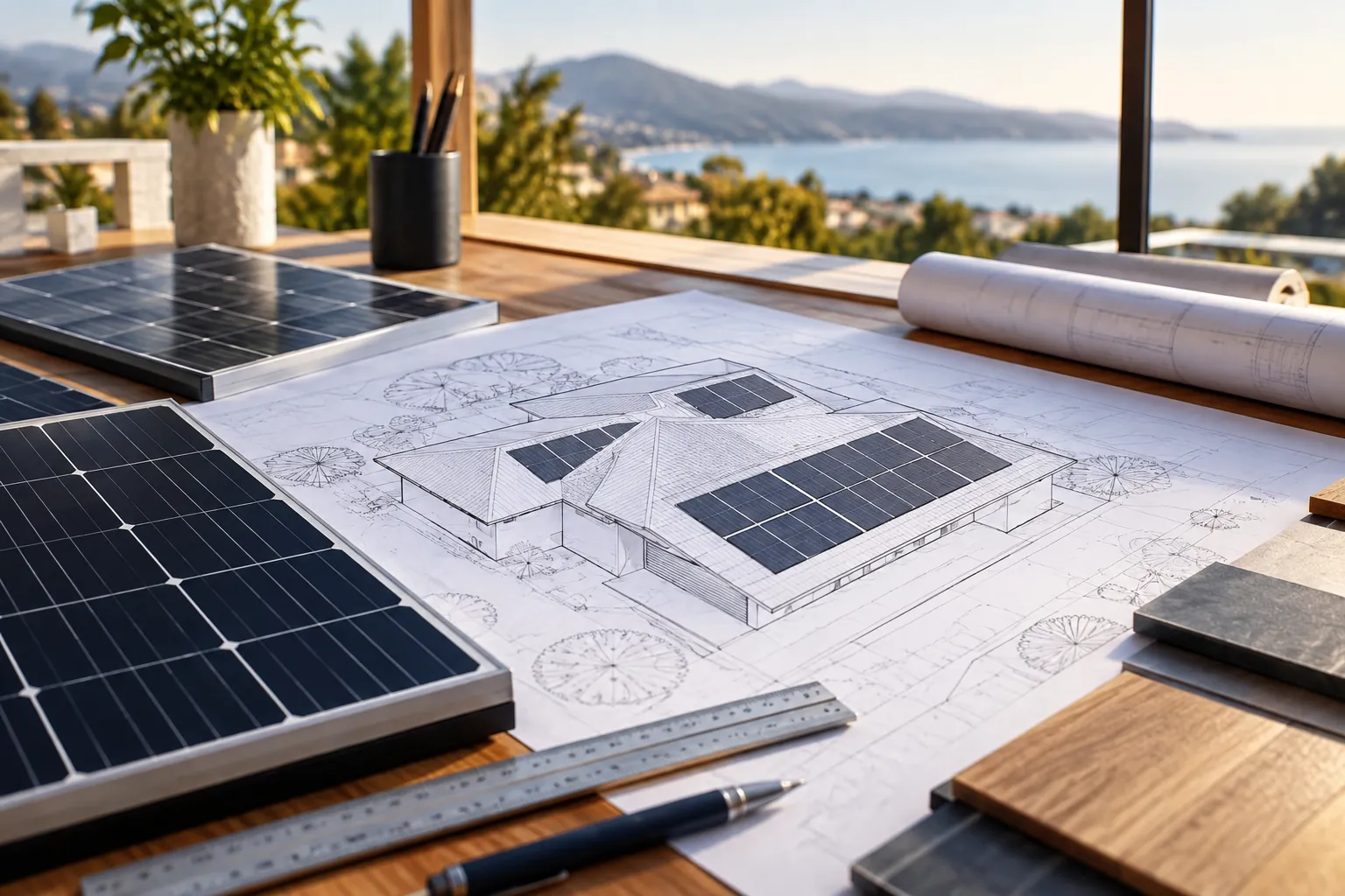 unbranded paper roof layout and solar module samples on architect table, no readable text