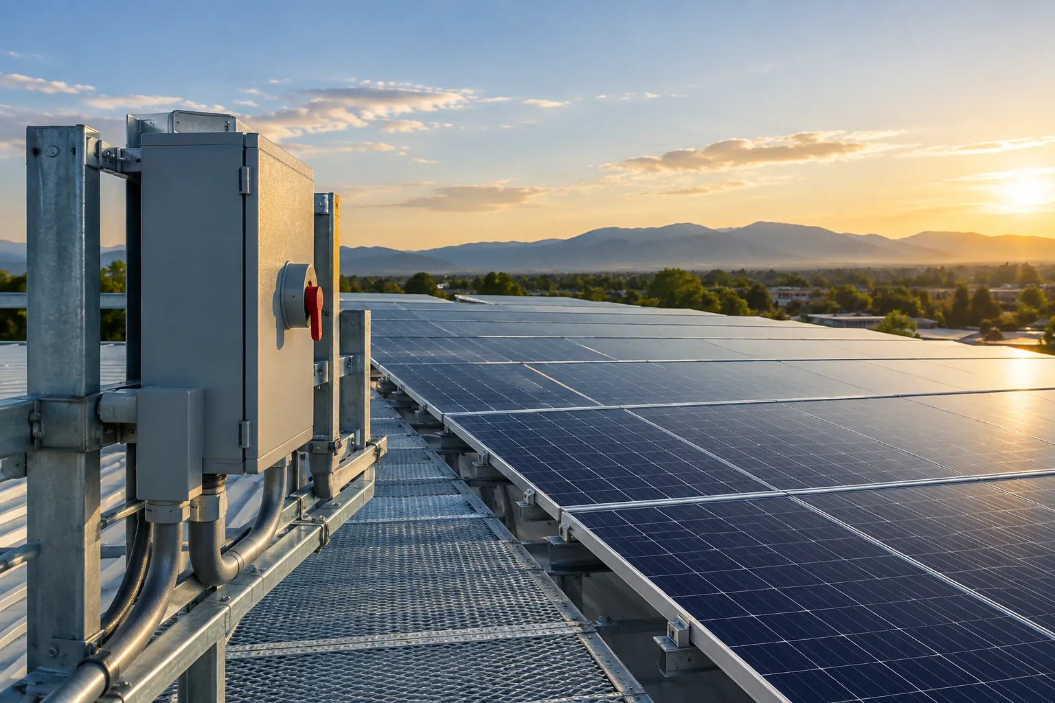 wide solar array and service disconnect viewed from roof access platform