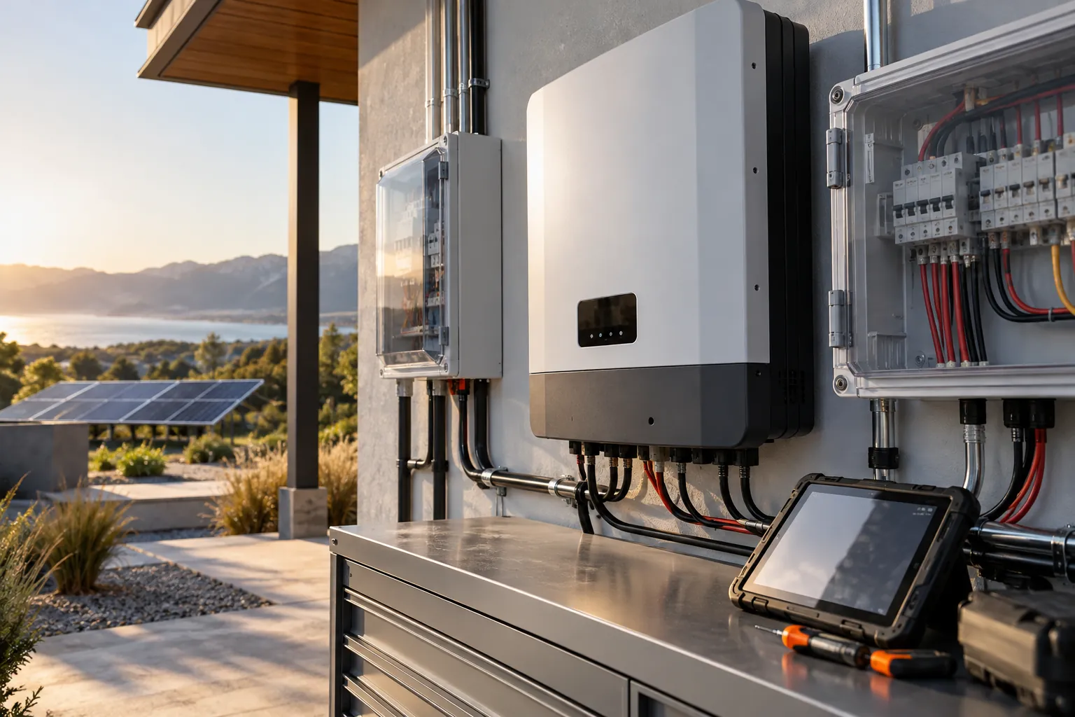 neat solar inverter and wiring cabinets with a diagnostic tablet, no readable labels