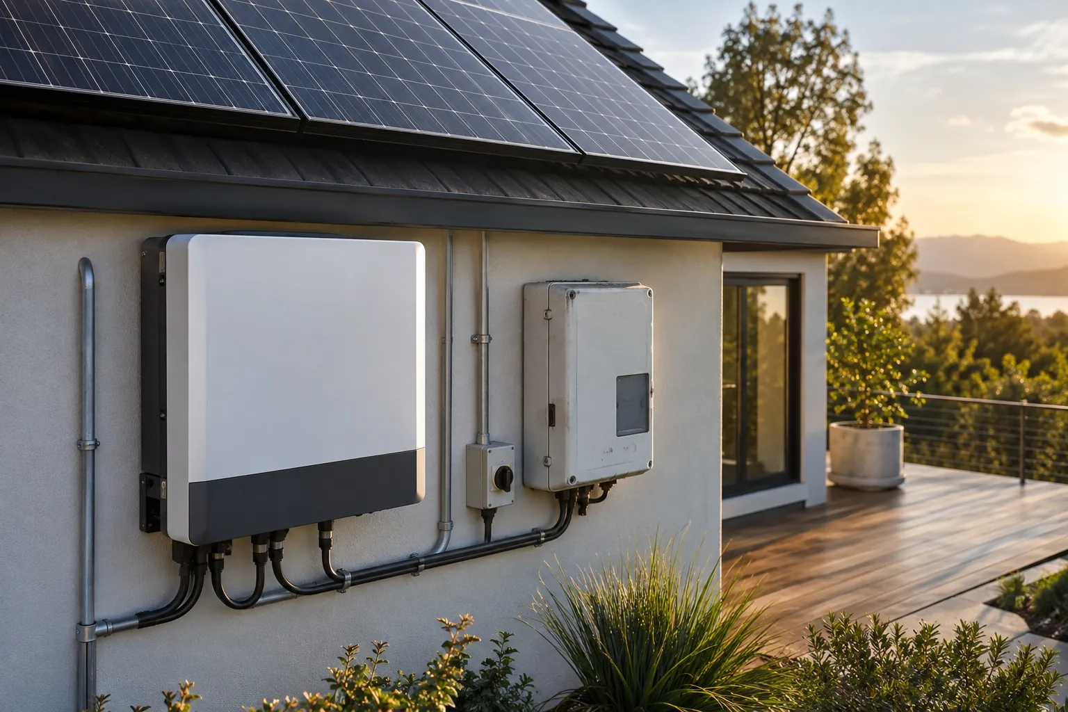 modern unbranded inverter alongside an older neat solar installation