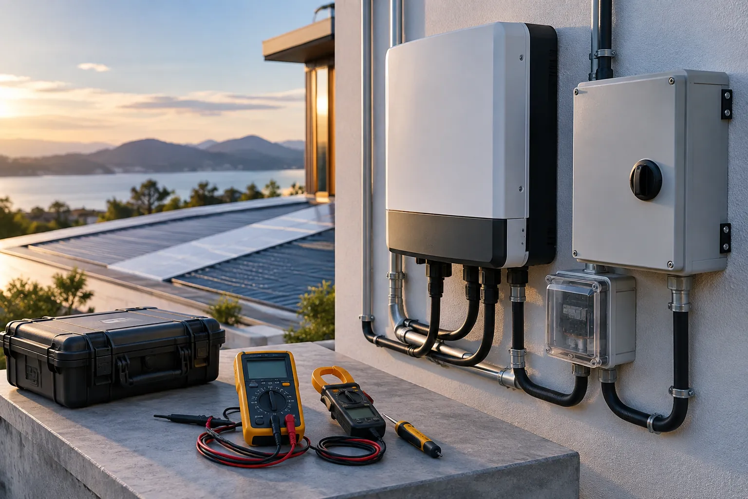 inverter diagnostic instruments neatly laid beside closed electrical equipment, no people