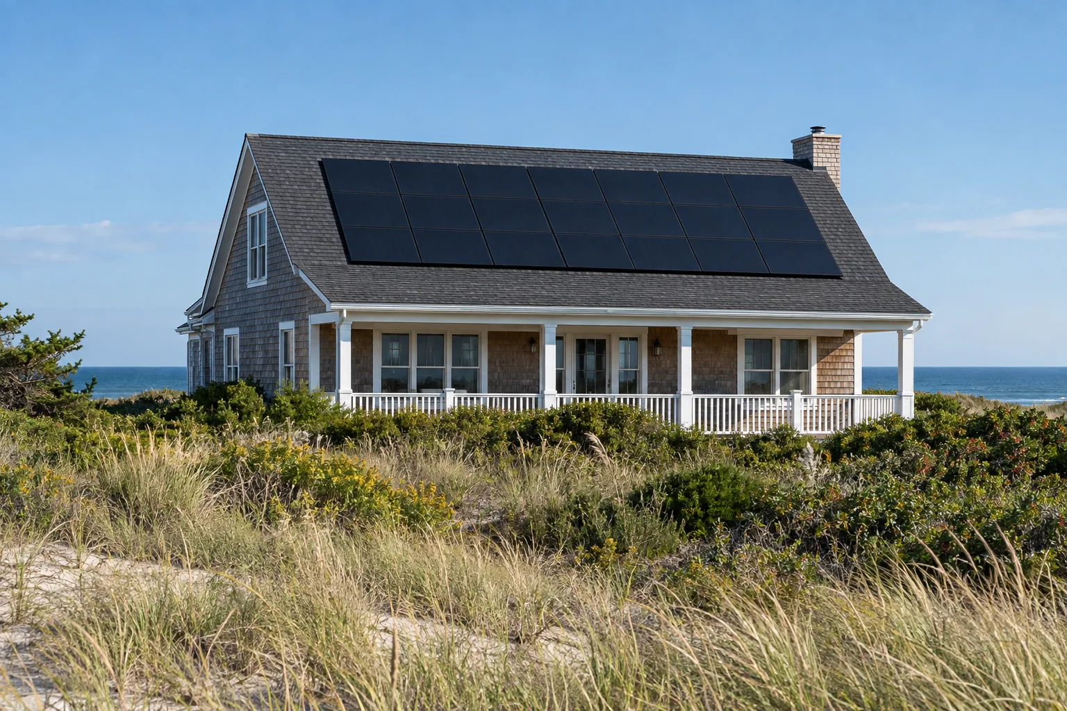 Solar panels on the uninterrupted main roof of a coastal cedar house
