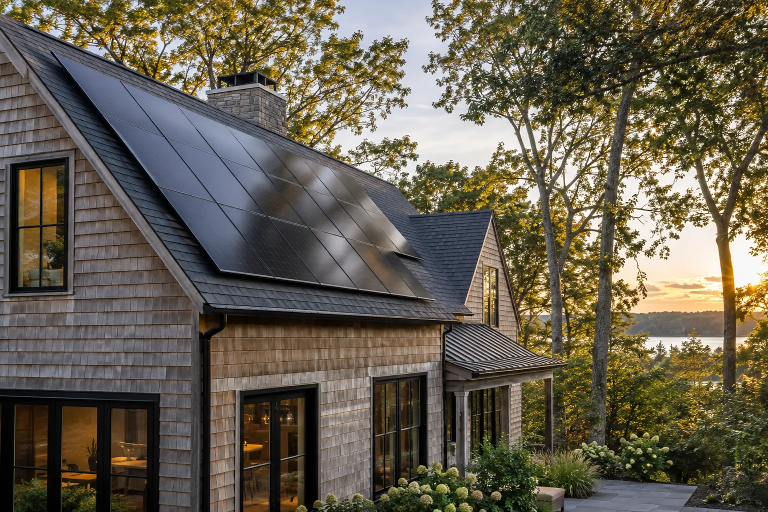 wooded residential property with credible rooftop solar panels