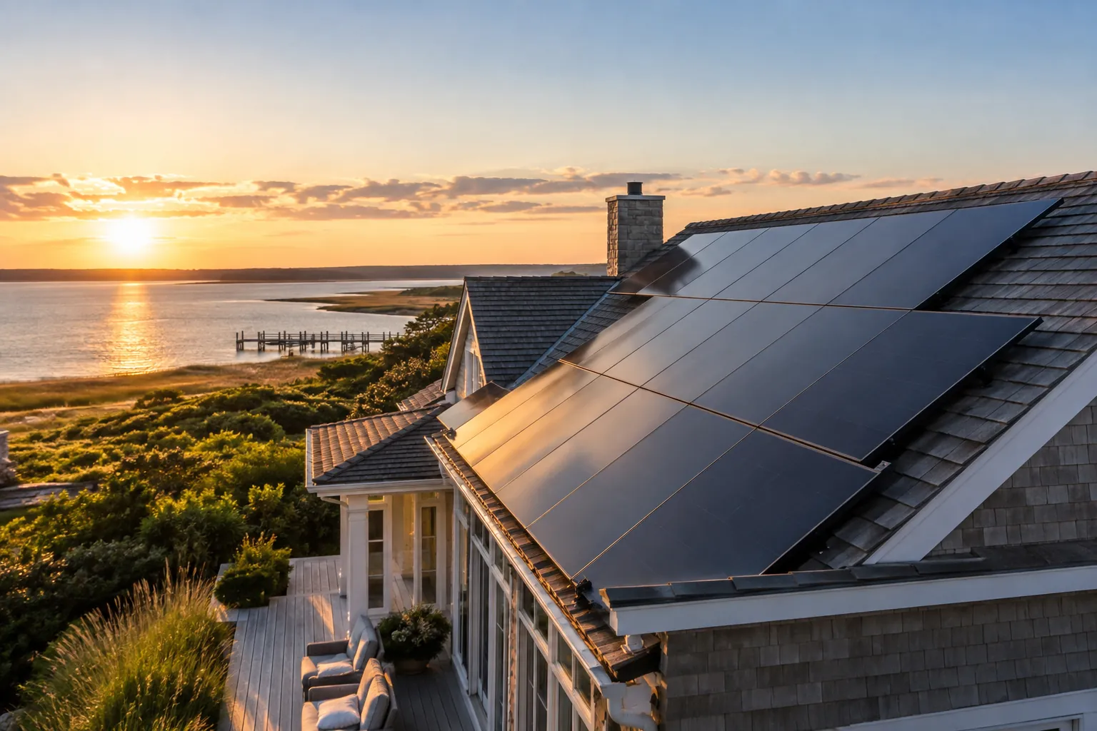 architectural rooftop solar installation in low golden sunlight